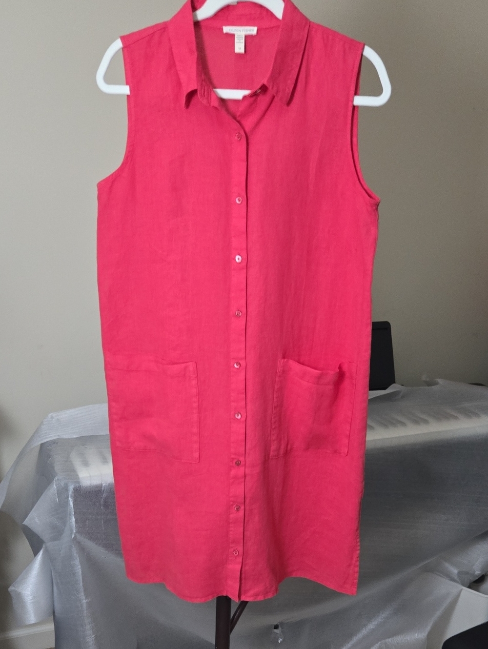Eileen Fisher Sleeveless Linen Button Dress in Vibrant Grendine (Ruby Red) Color